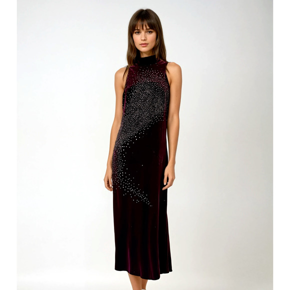 Vintage Y2K Red Velour Mock Neck Beaded Maxi Dress Size S Whimsygoth Fairy Prom - Picture 1 of 8